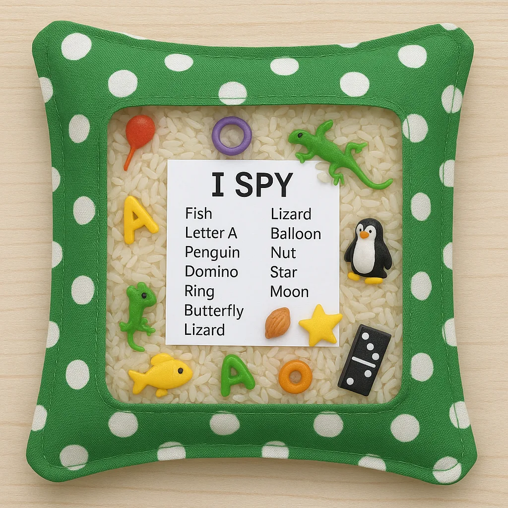 Green Fabric "I Spy" Rice Bag with Small Toys Partially