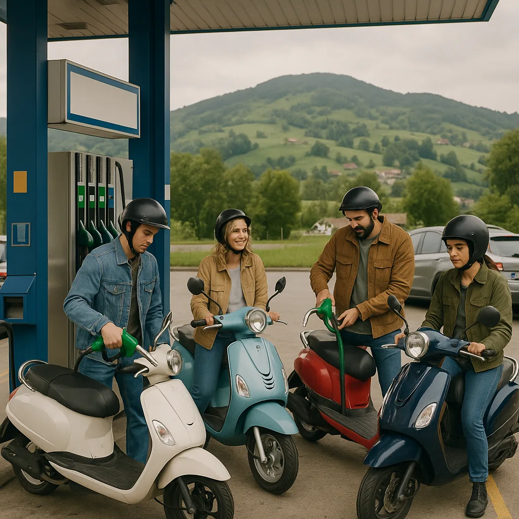 People Refueling Scooters at a Gas Station with Parked Vehicles