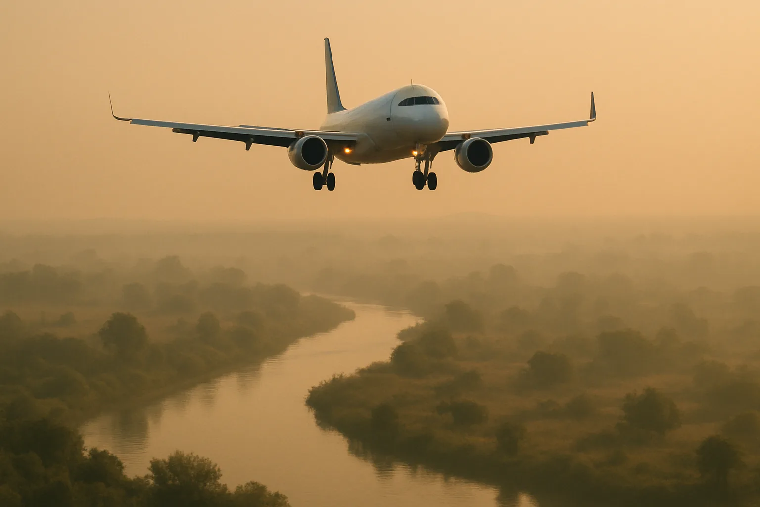 Commercial Airplane Approaches for Landing over a Hazy Landscape