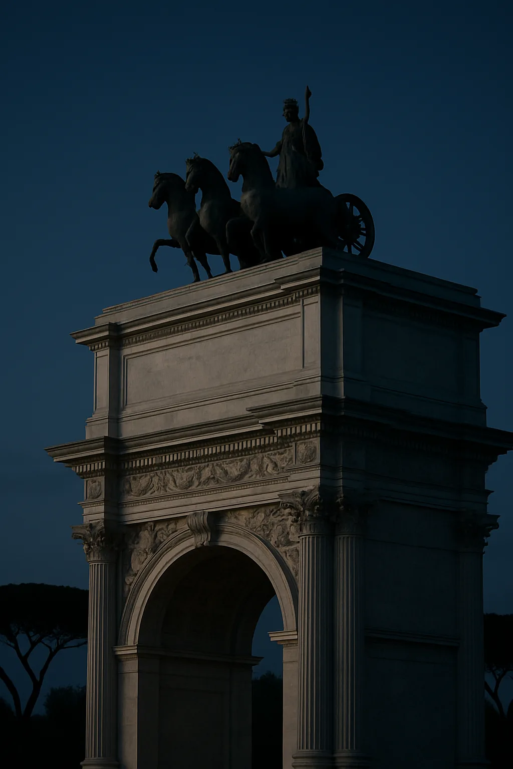 Majestic Upper Details of a Single White Marble Triumphal Arch