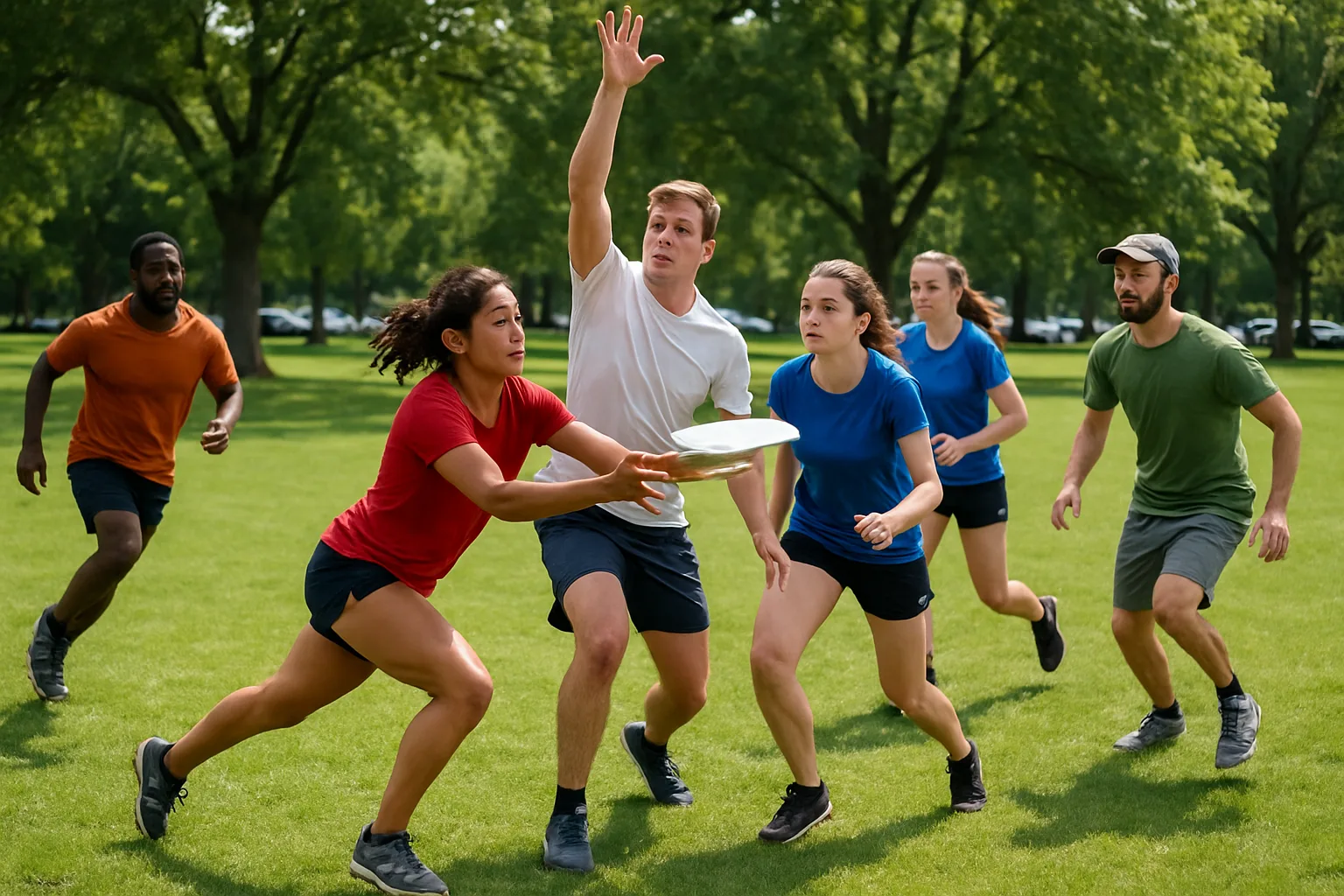Group of People Playing Ultimate Frisbee in a Grassy Park