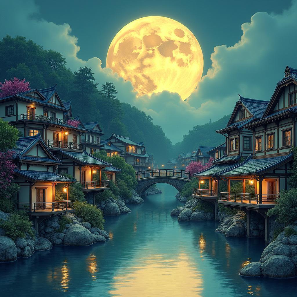 Moonlit Village Mirrored in Tranquil Waters