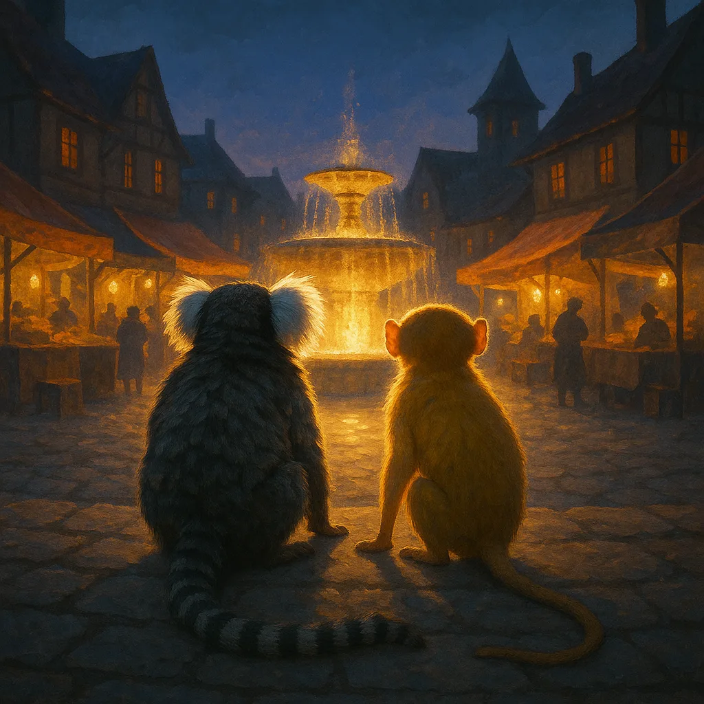 Bustling Village Square with a Central Fountain