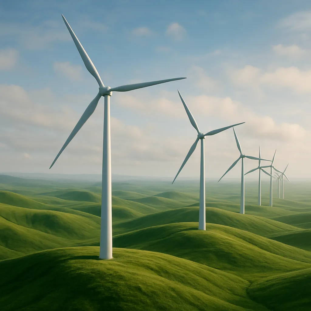 Line of Several Colossal Wind Turbines Rhythmically Turns Atop Undulating