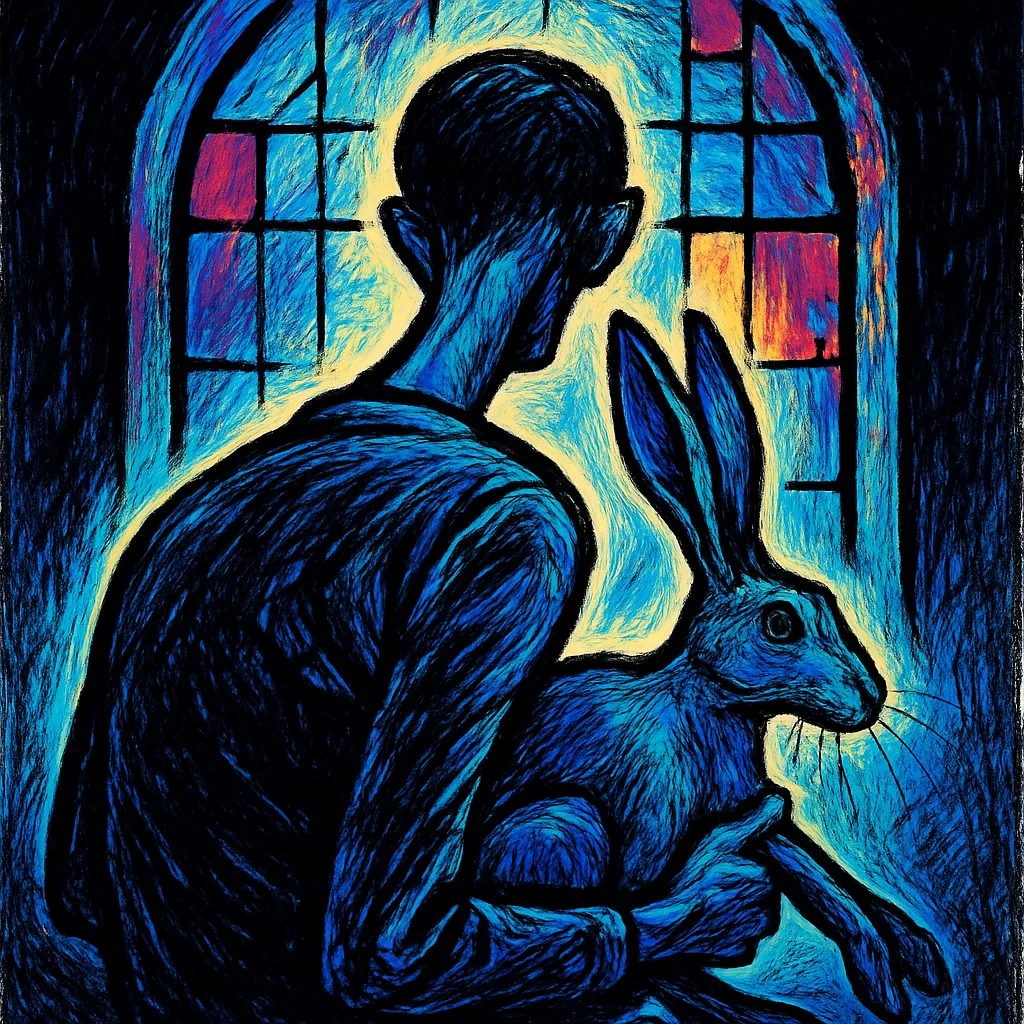 Long-necked Person Hunches Defensively over an Elongated Hare