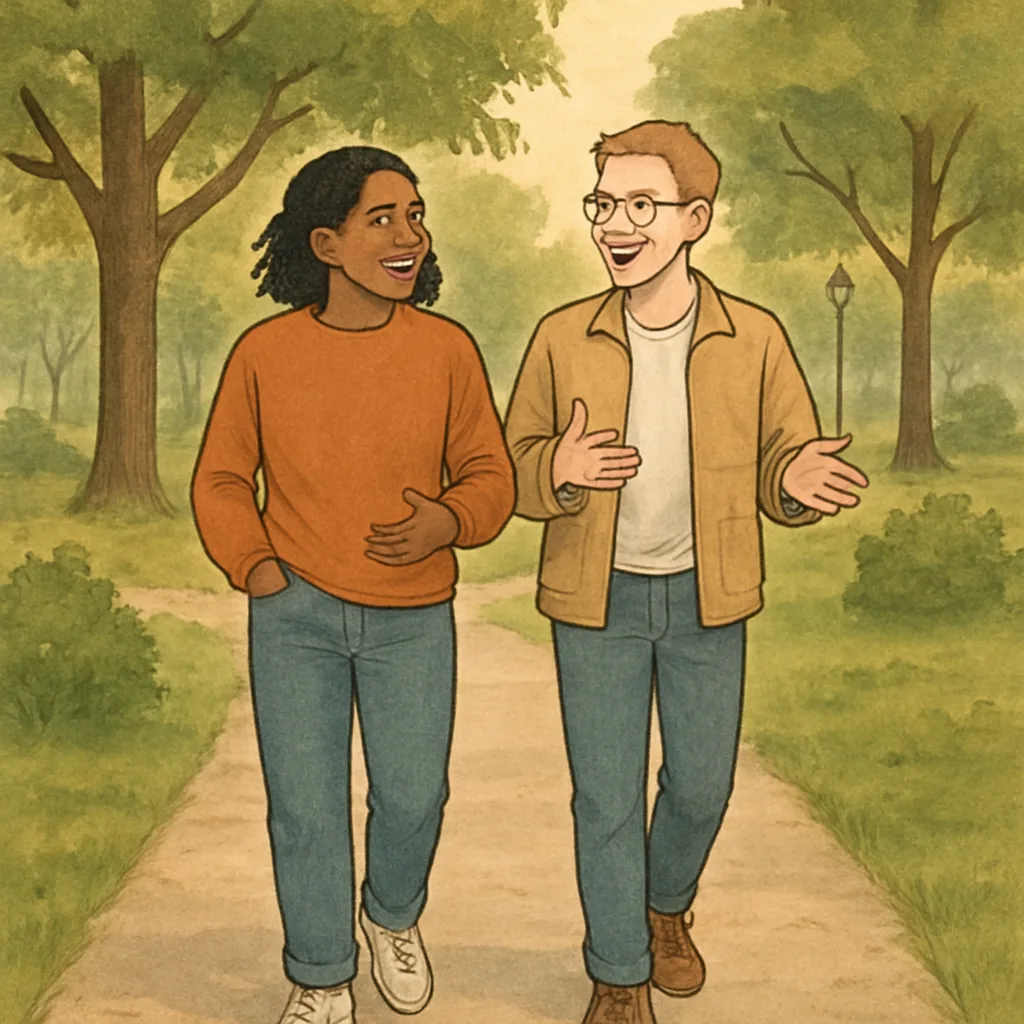 Two Friends Are Walking Together in a Park