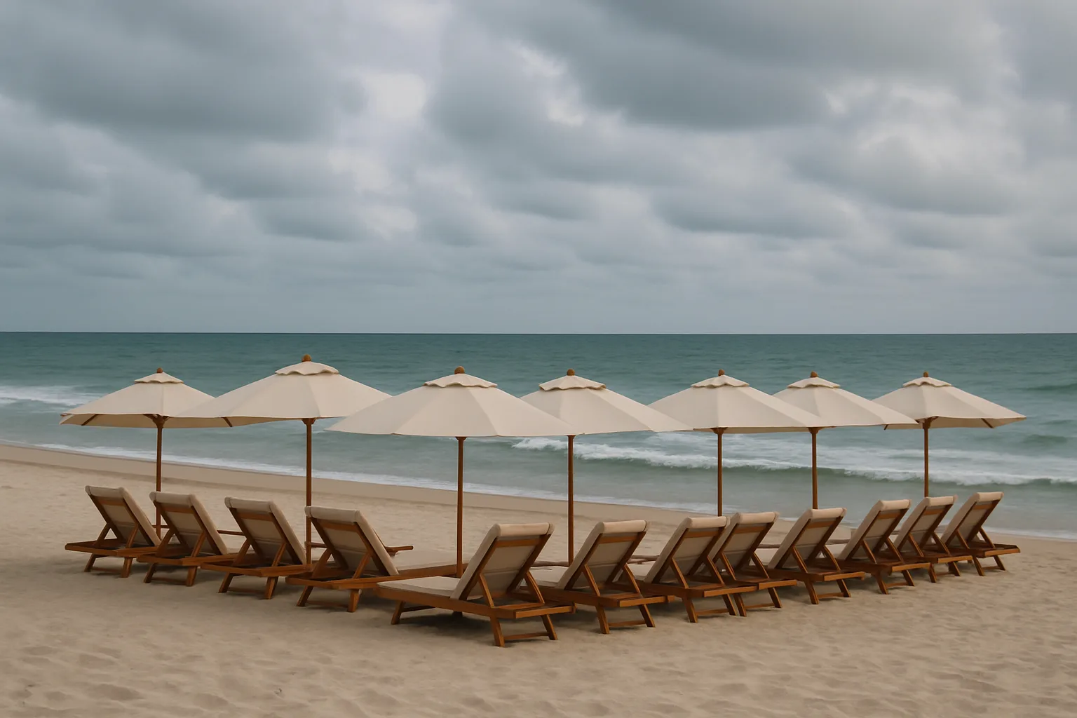 Beach Chairs with Beige Umbrellas Lined Up on a Sandy