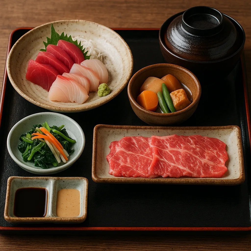 Traditional Japanese Meal with an Assortment of Dishes Including Sashimi