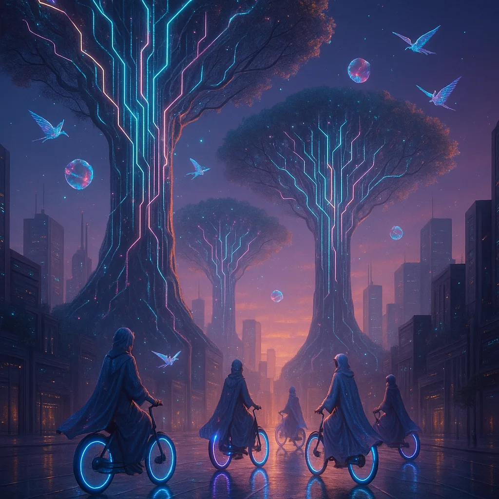 Imagine a Surreal Vision of a Futuristic City at Dawn