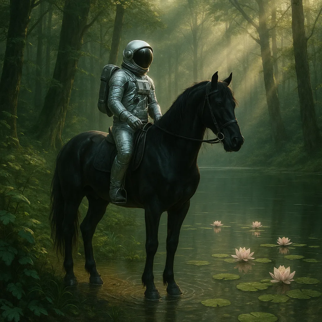 Black Stallion Carries an Astronaut Clad in a Shiny