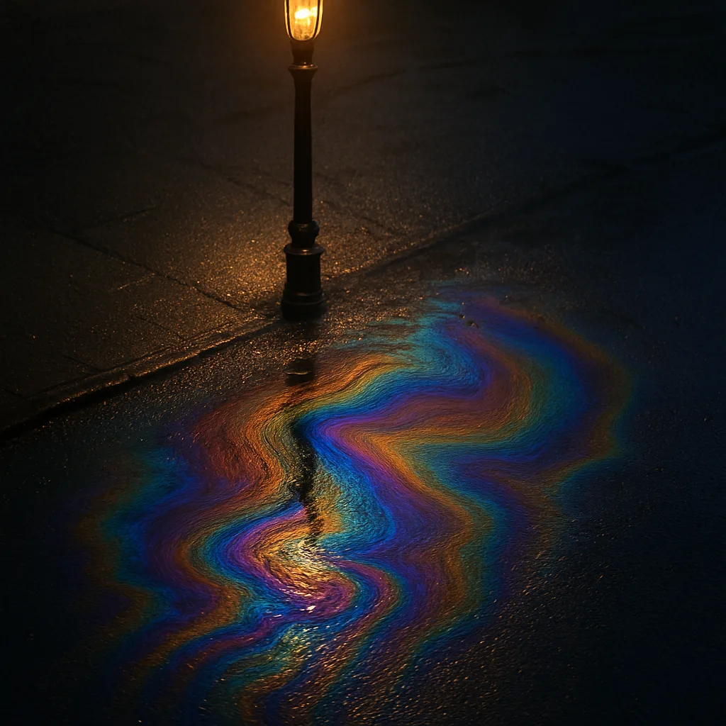 Puddle with an Iridescent Oil Film Reflects a Spectrum