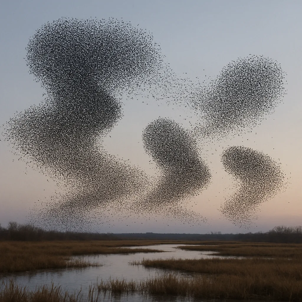 Massive Murmuration of Countless Starlings Forms Dynamic