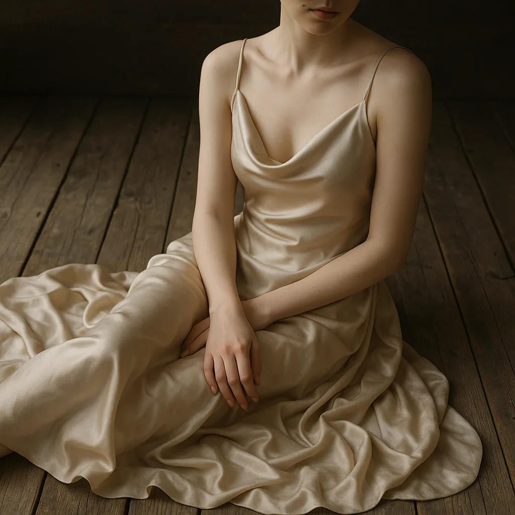 Delicate Satin Gown Hung Gracefully Against the Smooth Porcelain Complexion