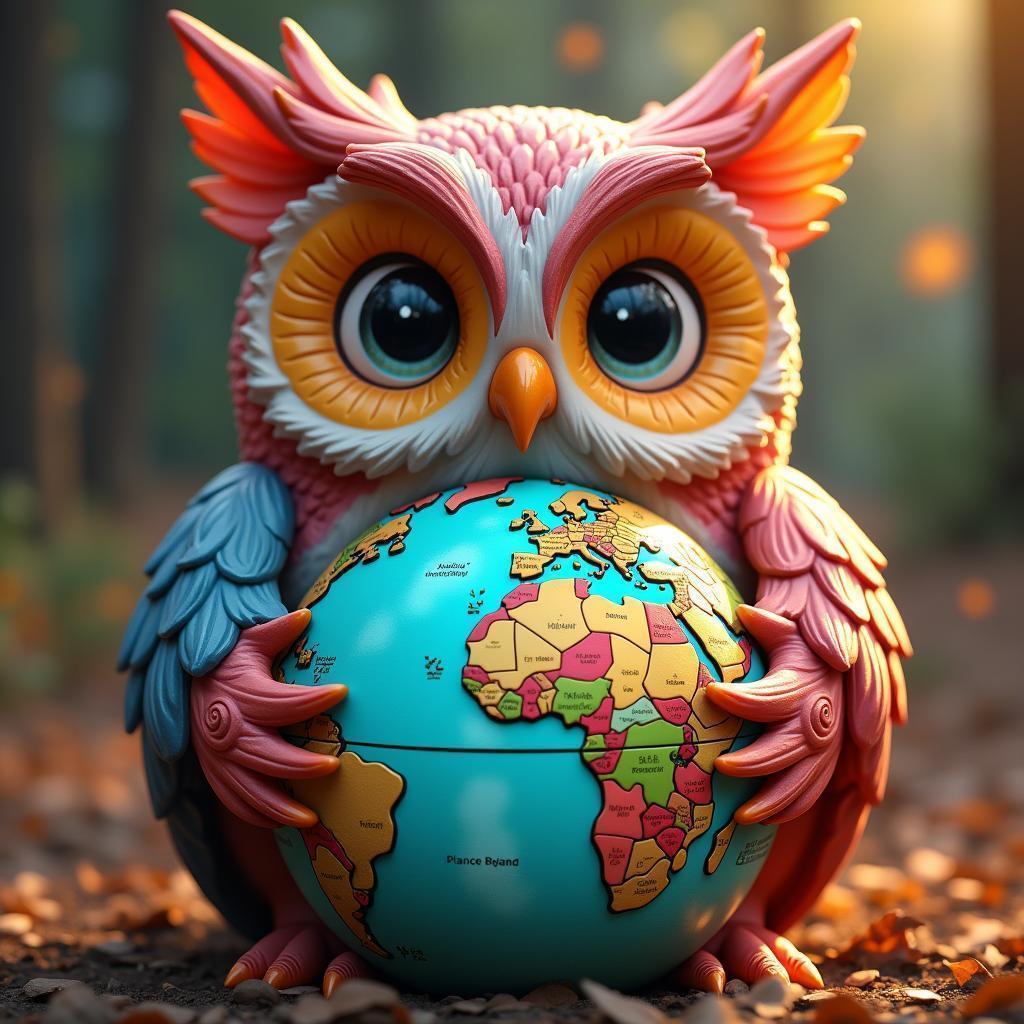 Anime Owl Statue Cradling the Earth