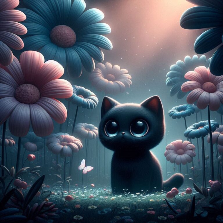 Whimsical Black Cat Fantasy Scene