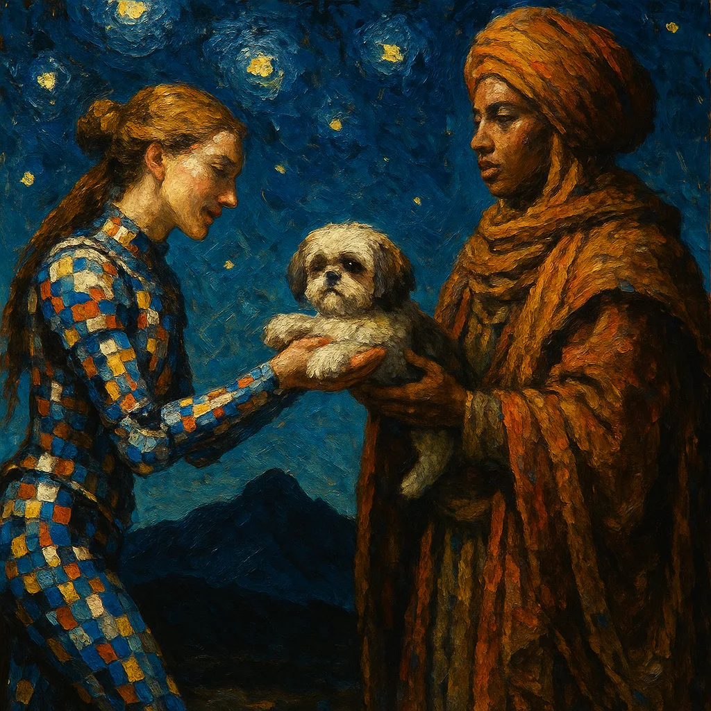 Graceful Woman in Pixel-patterned Retro-tech Armor Offers a Small Shih-tzu