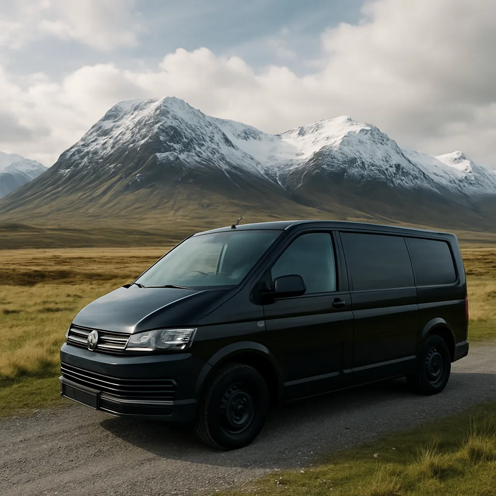 Black Van Parked on a Gravel Path in a Vast
