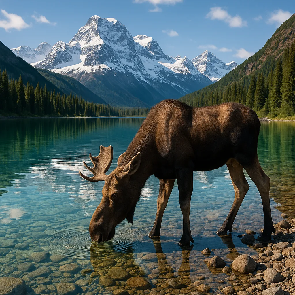 Moose Sipping Water from a Pristine Lake Encircled by Mountains