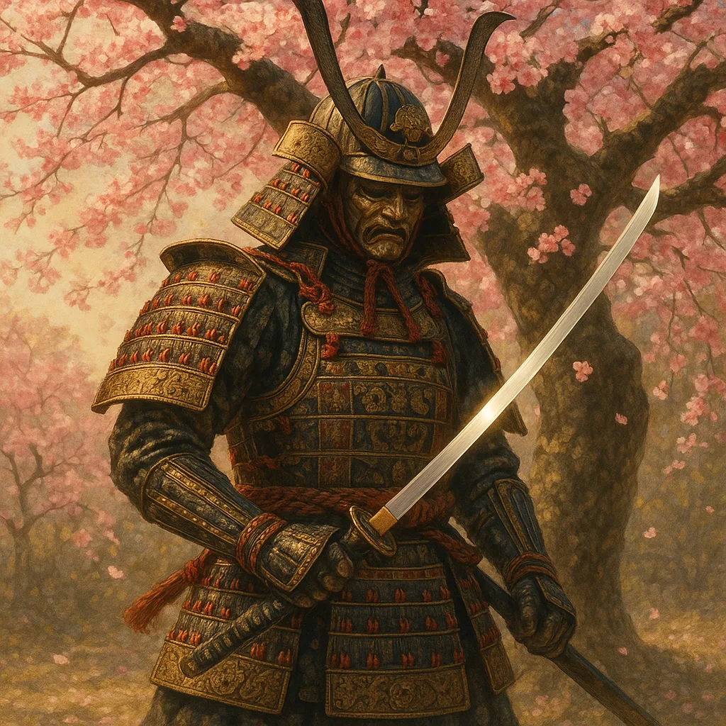 Beneath the Blossoms of a Cherry Tree Stands a Samurai