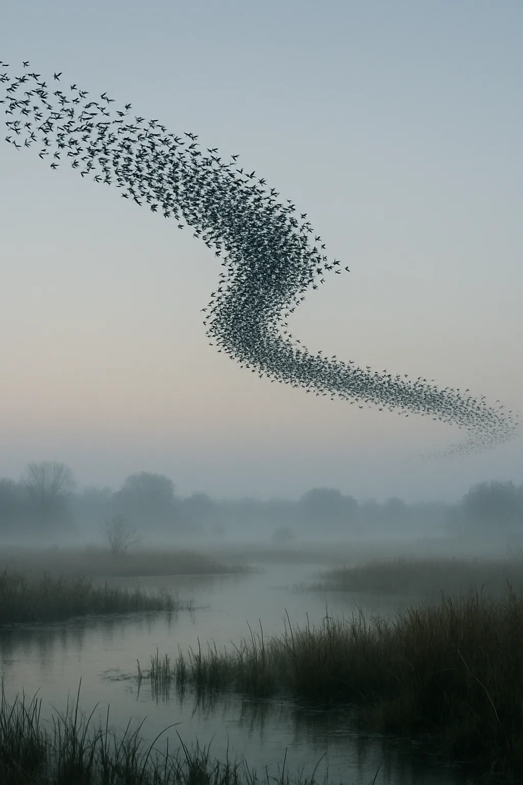 Large Flock of Migrating Birds Forms