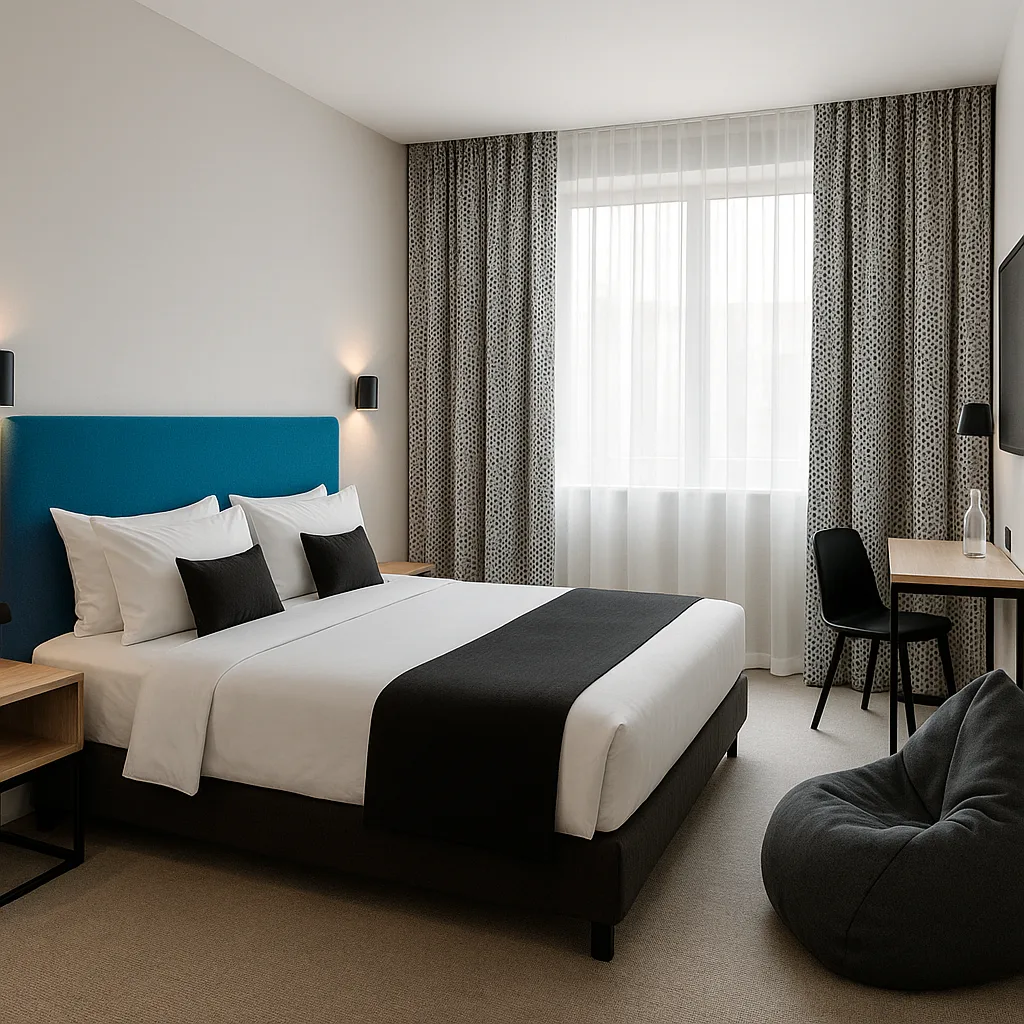 Modern Hotel Room with a Minimalist Bed Featuring