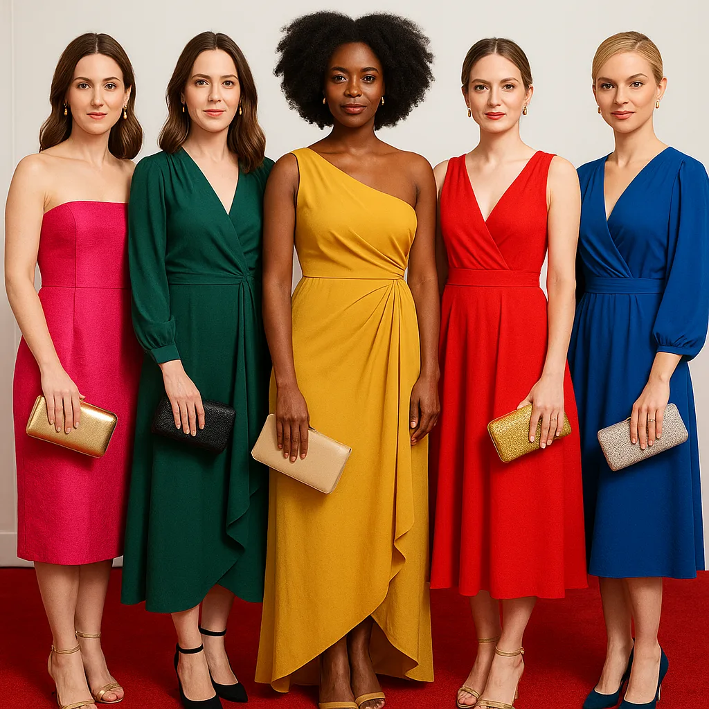 Group of Five Women Dressed in Elegant and Colorful Outfits