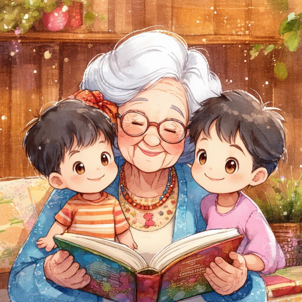 Grandmother Reading to Grandchildren in Anime