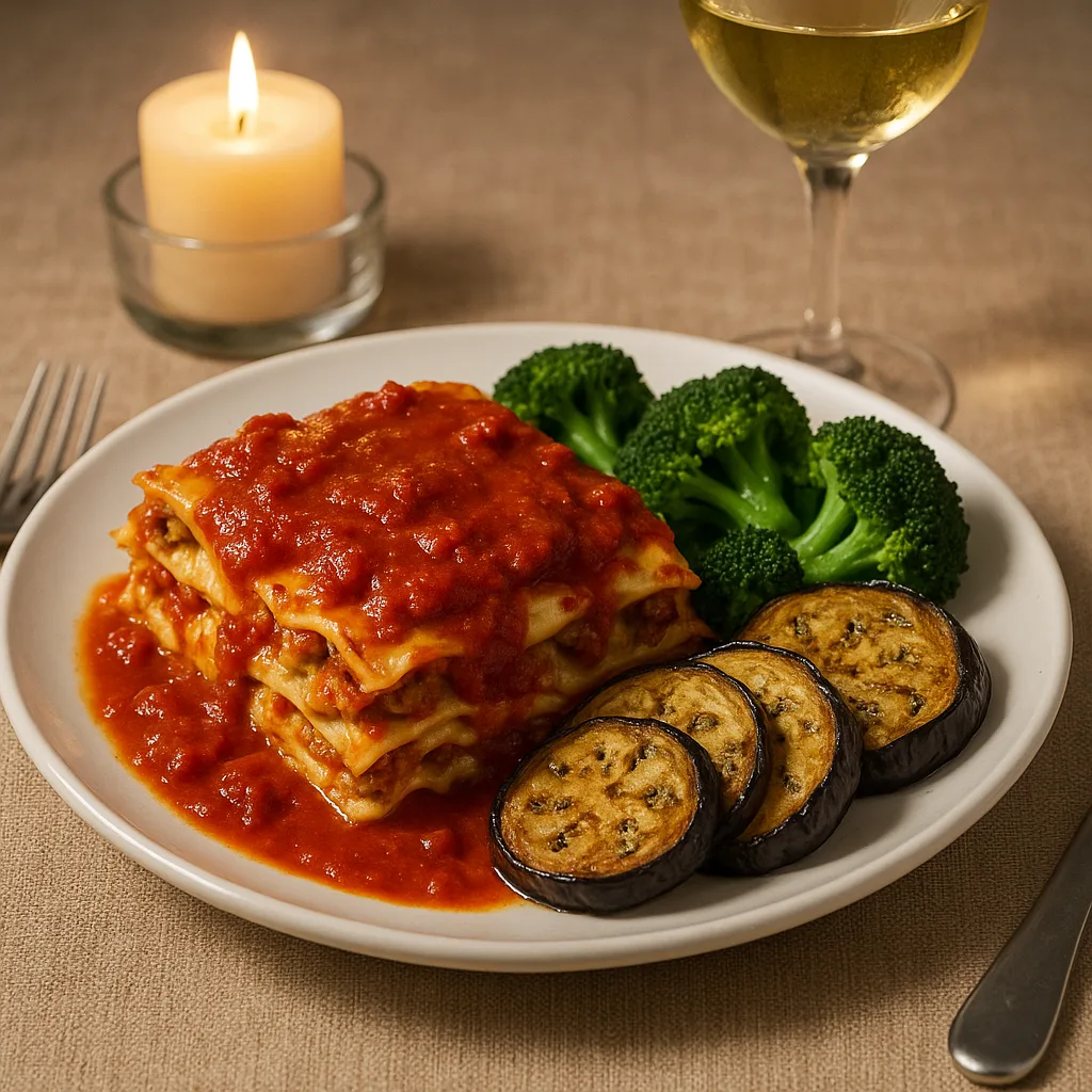 Plate Featuring Layered Lasagna with Marinara Sauce