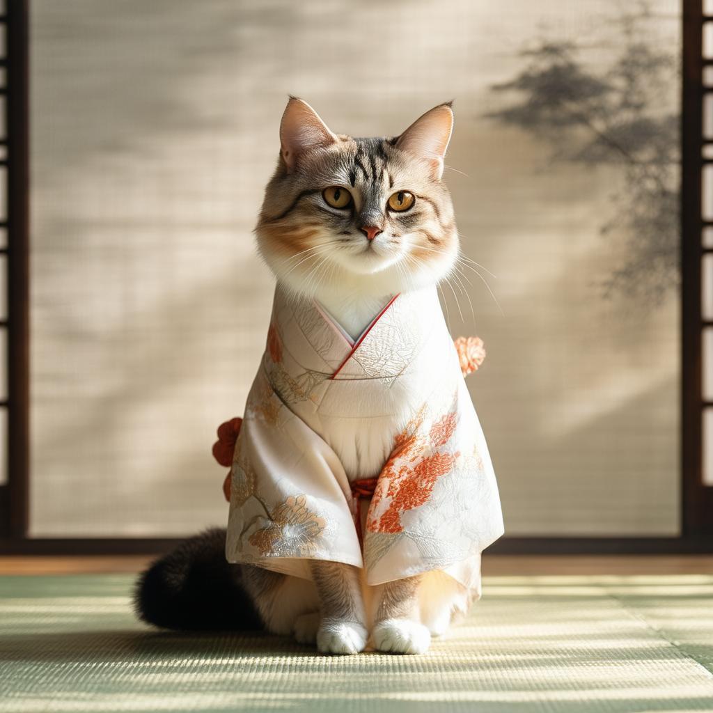 Elegant Kimono Cat in Cinematic Grain