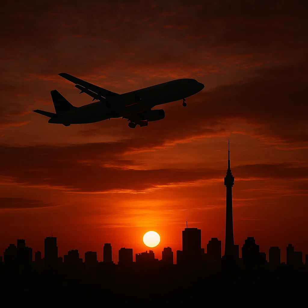 Airplane Flies Above a Silhouetted Cityscape with a Glowing Sunset