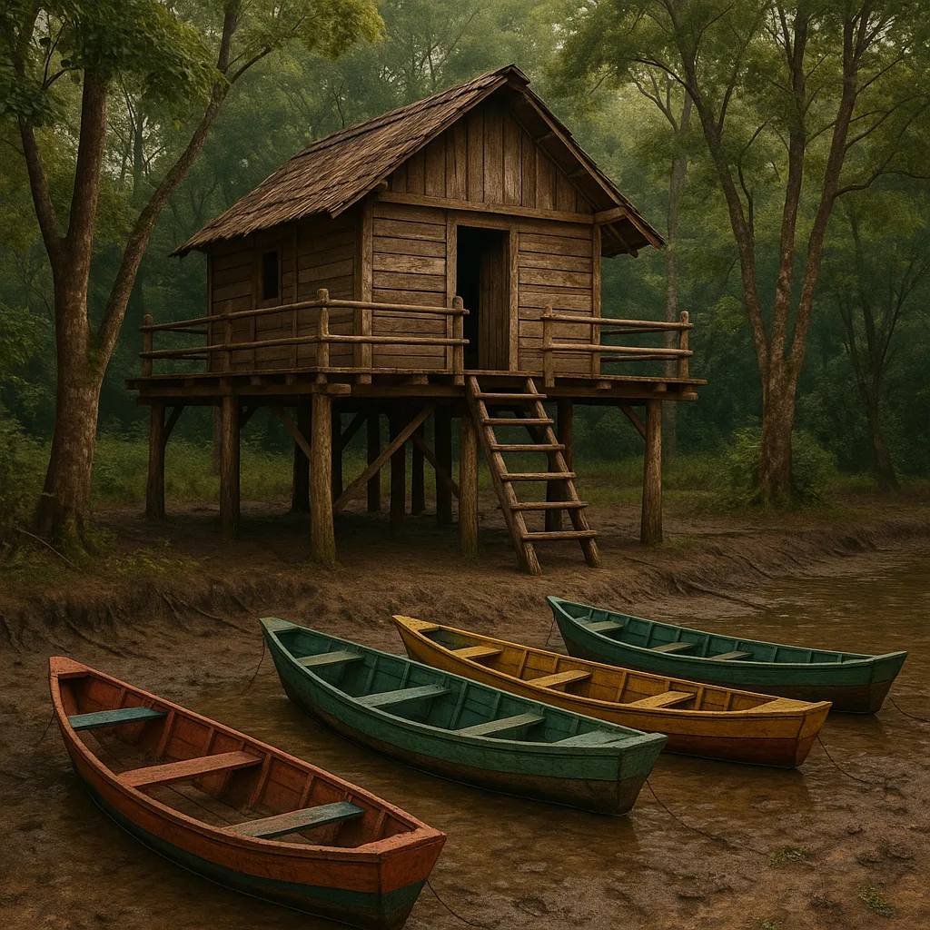 Rustic Wooden Stilt House Surrounded by Trees