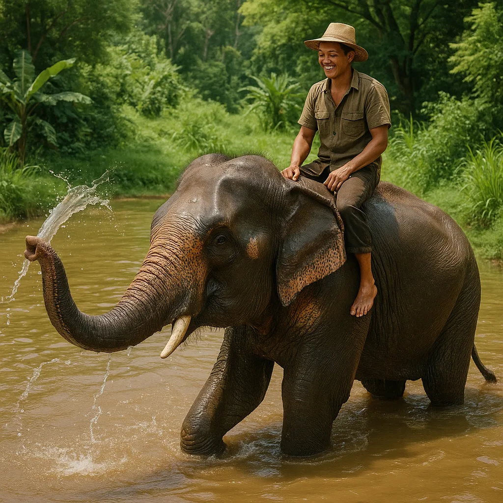 Man Riding an Elephant Bathing in a Shallow