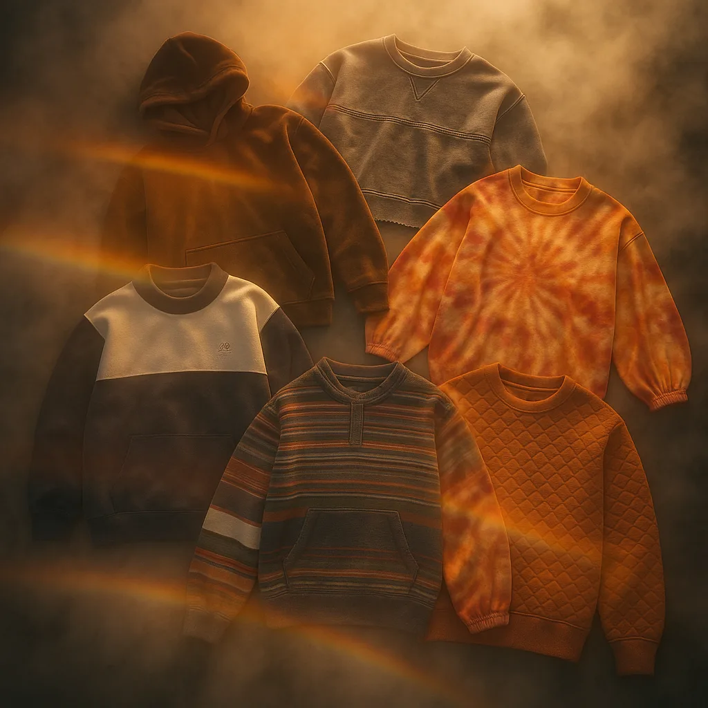Centered Arrangement of Approximately Six Unique Sweatshirts Lies Partially Obscured