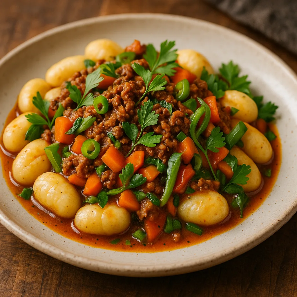 Dish of Gnocchi Topped with a Savory Meat Sauce