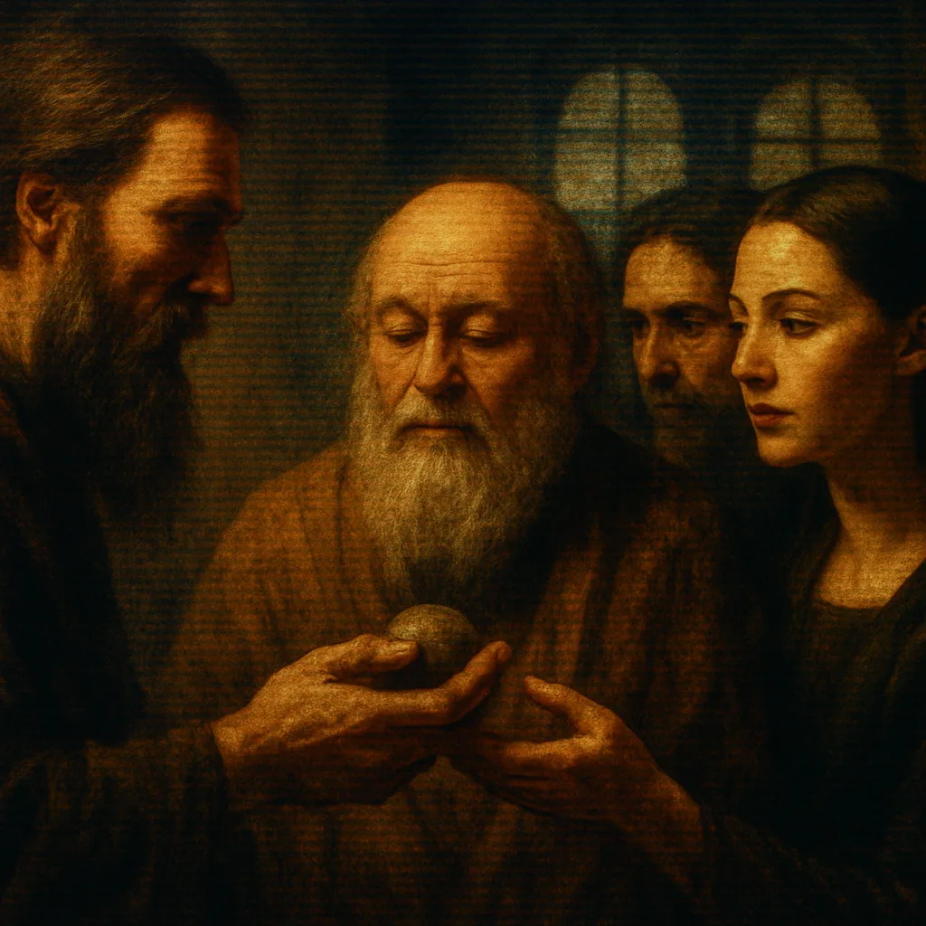 Long-bearded Man Offers an Item to a Round-faced Sage