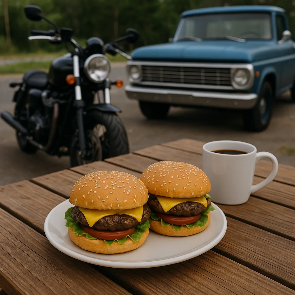 Ceramic Plate Holding Two Hamburgers Sits Next to a Coffee