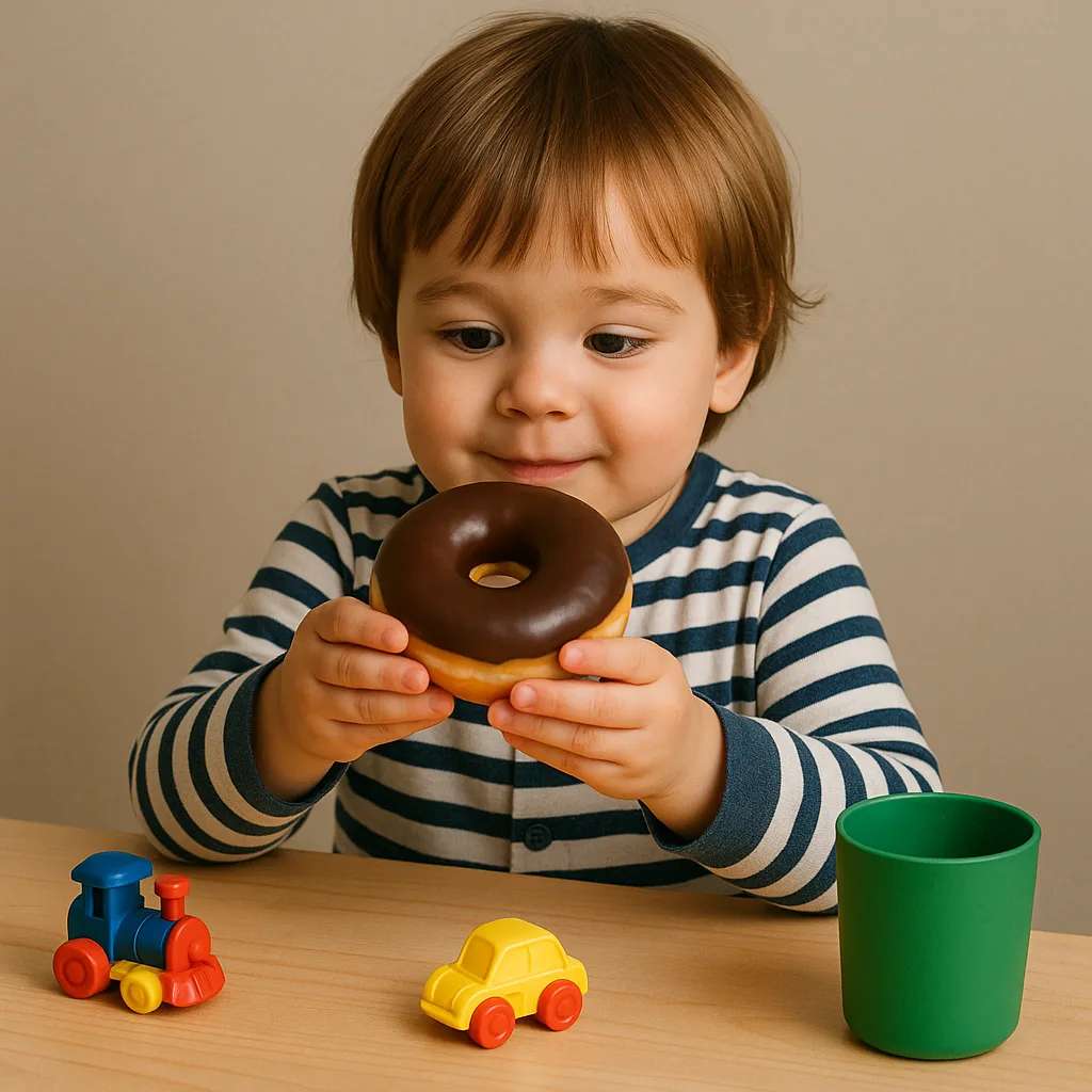 Child in Striped Pajamas Sits at a Table