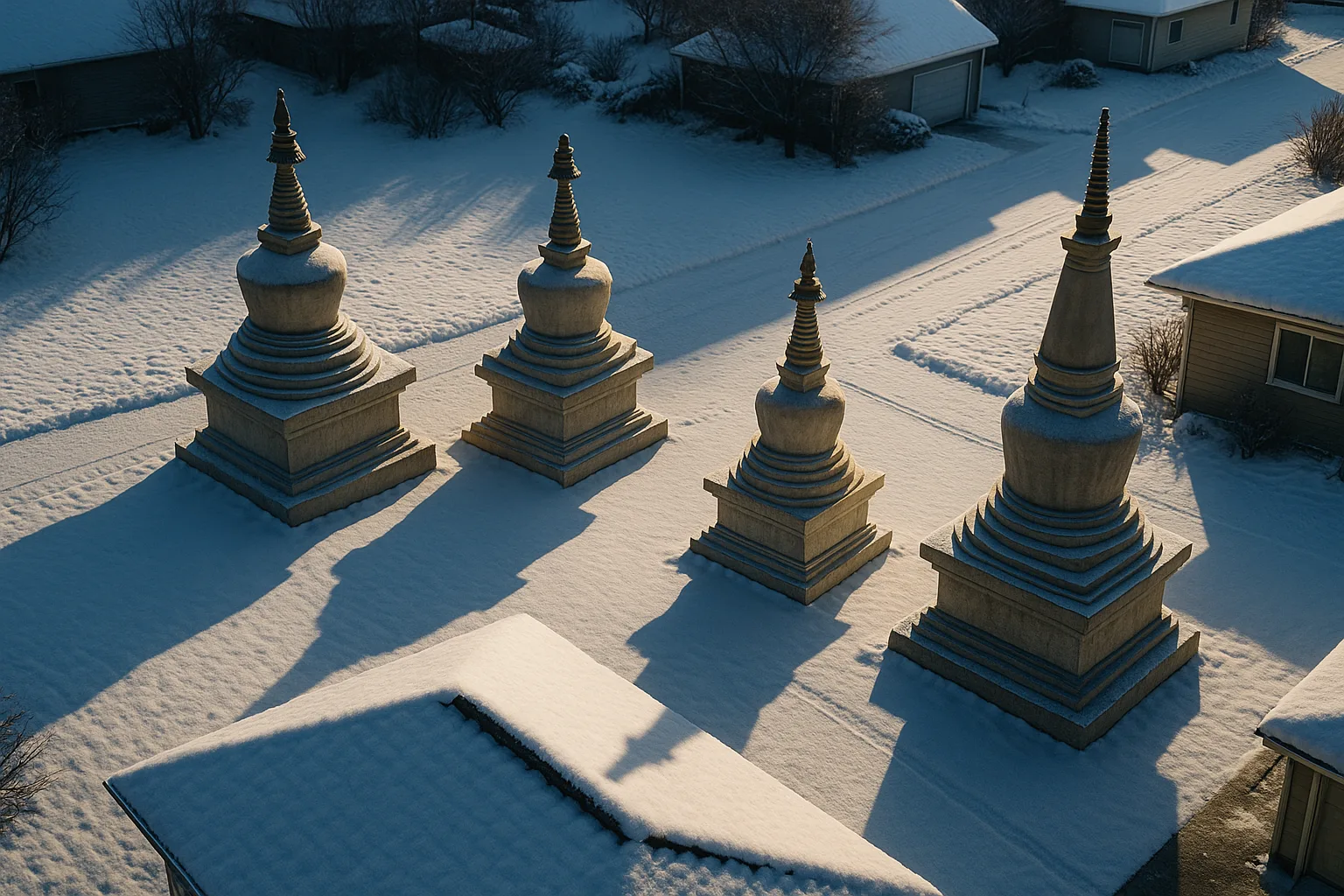 Three Varied Stupas with Precise Contours Cast Dramatic Hard Side