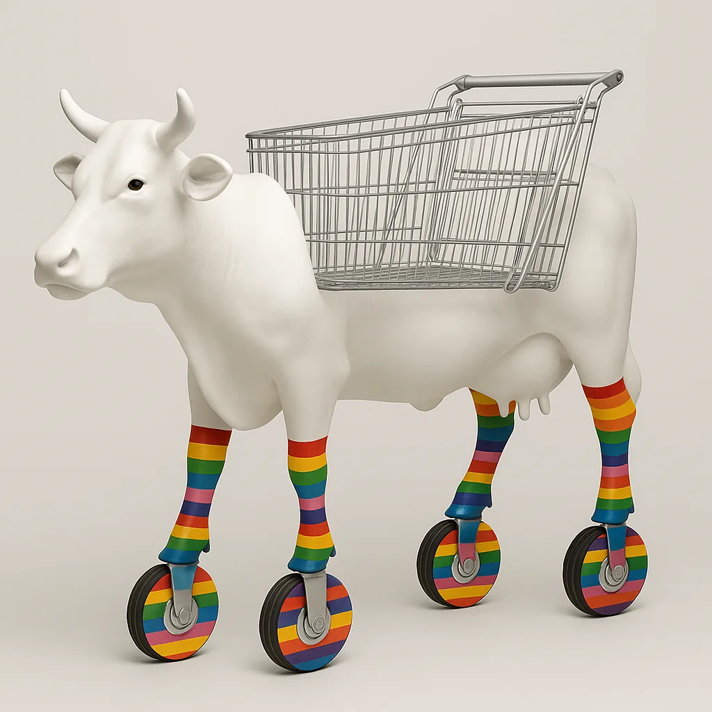 White Cow Sculpture with a Shopping Cart