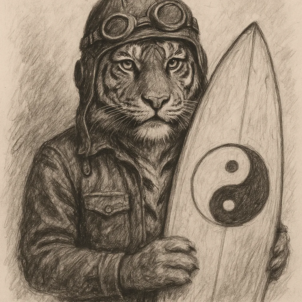 Charcoal Sketch Depicting a Tiger Dressed in a Retro Aviation