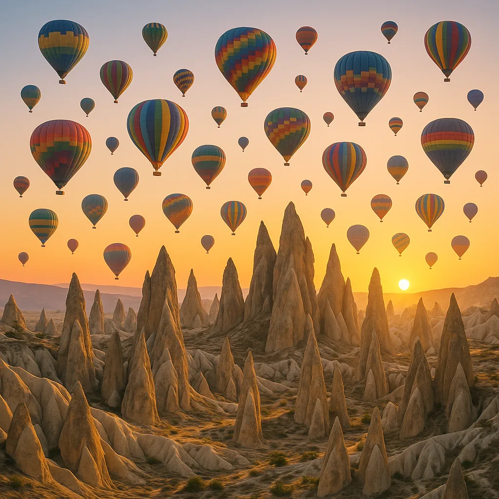 Dozens of Colorful Hot Air Balloons Drift Serenely