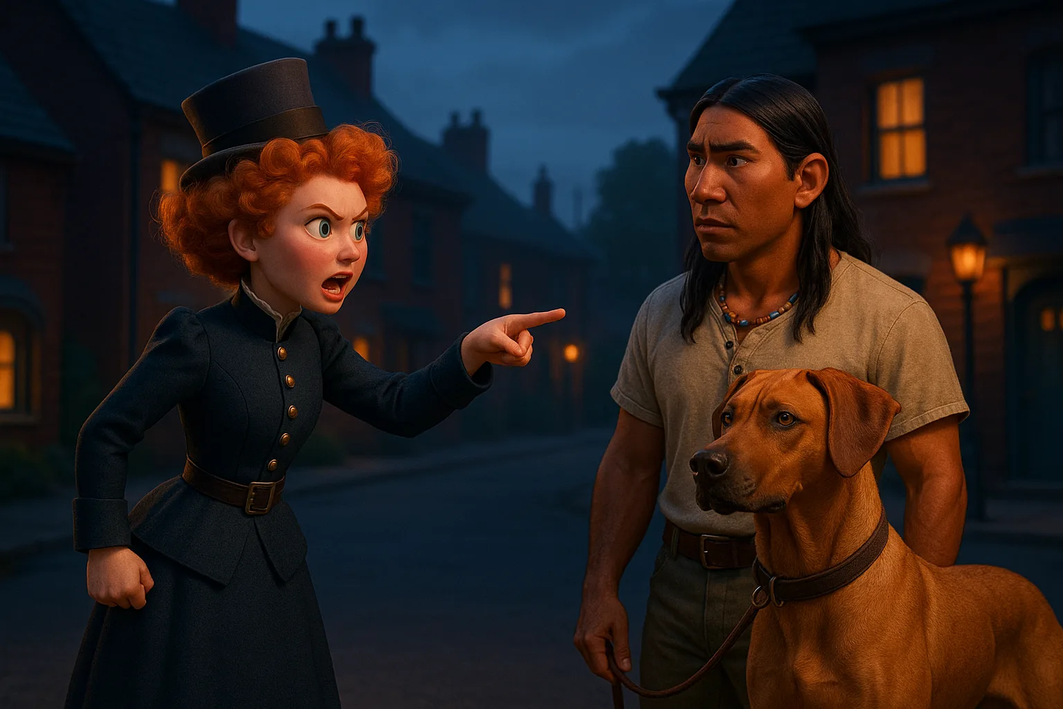 Fiery-haired Disney-Pixar Ruler in Early 20th-century Attire Gestures Emphatically