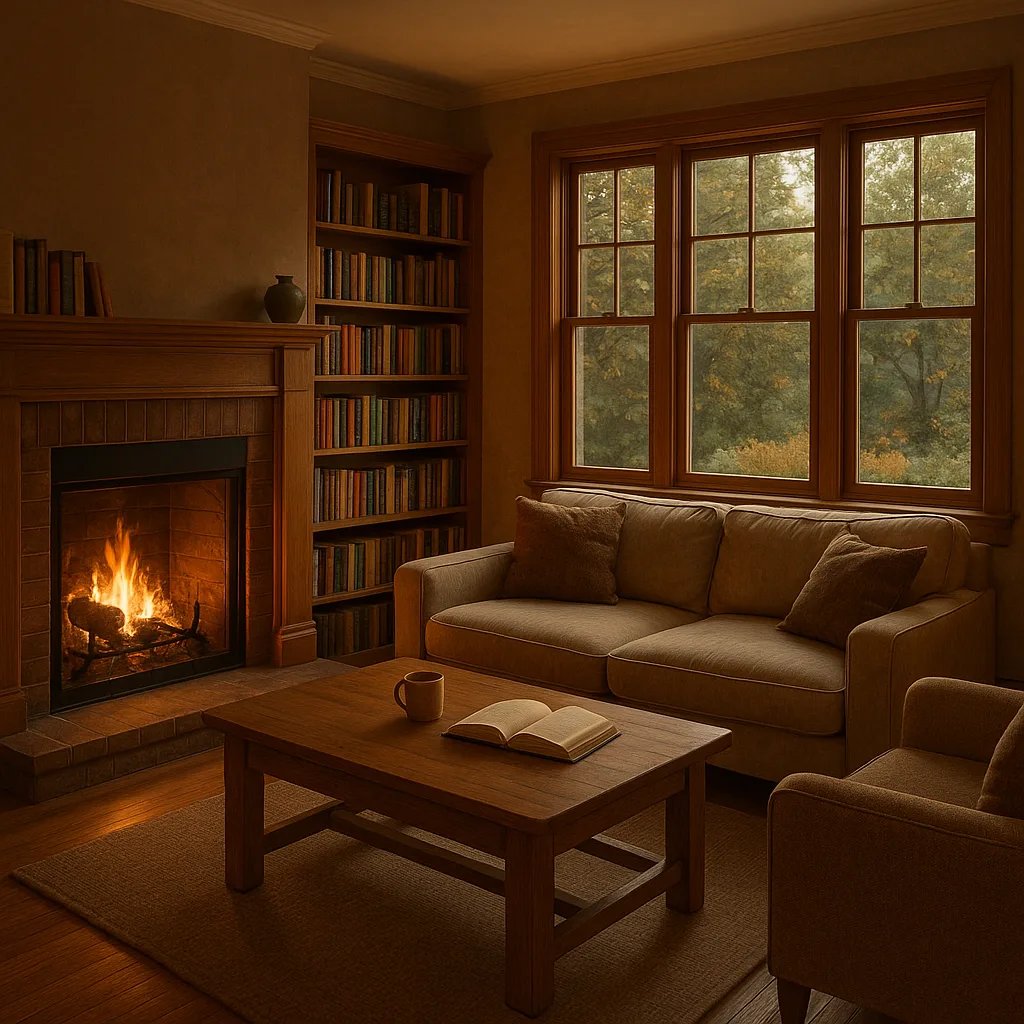 Cozy Living Room with a Lit Fireplace