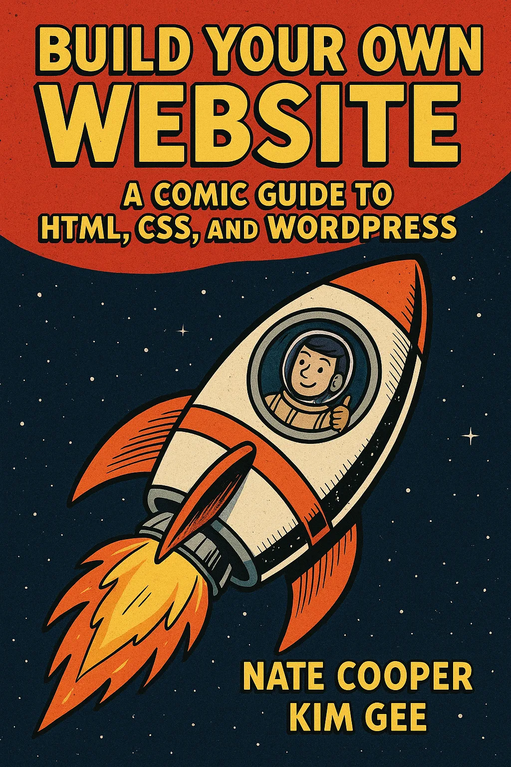 Comic Book-style Cover Featuring a Rocket in Space