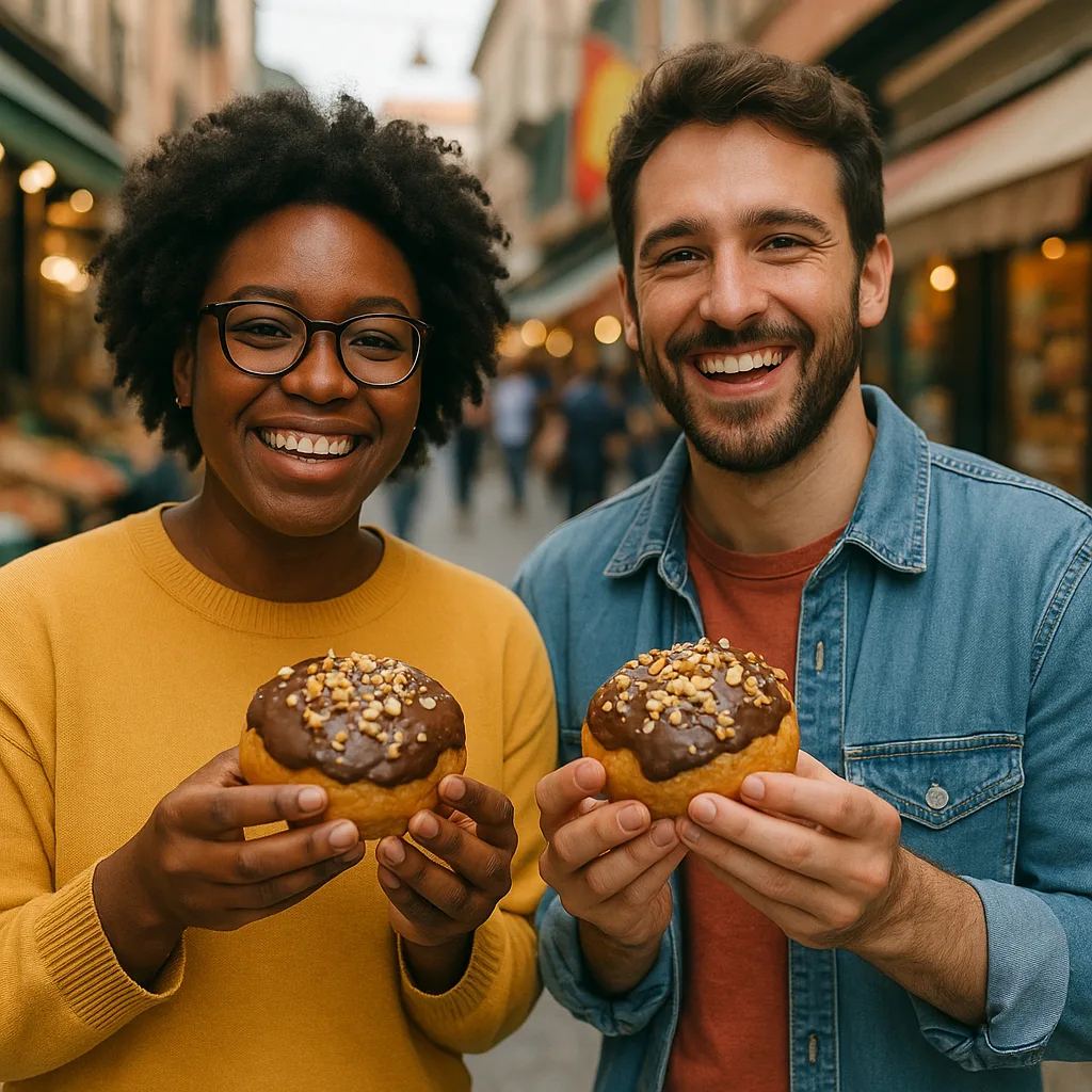 Two People Holding Baked Goods with Chocolate and Nuts