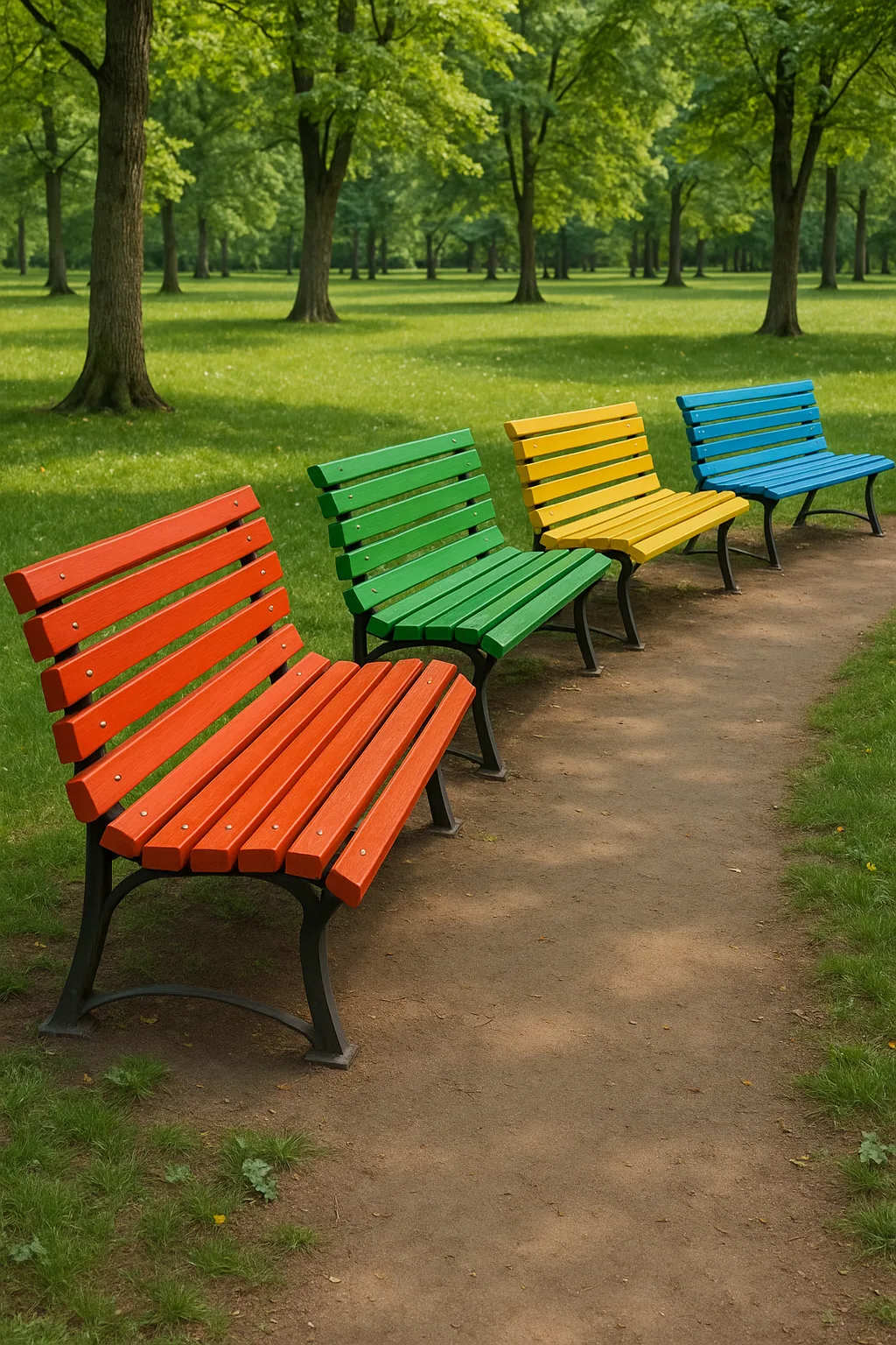 Park Scene with Four Vibrant Benches Positioned Within It