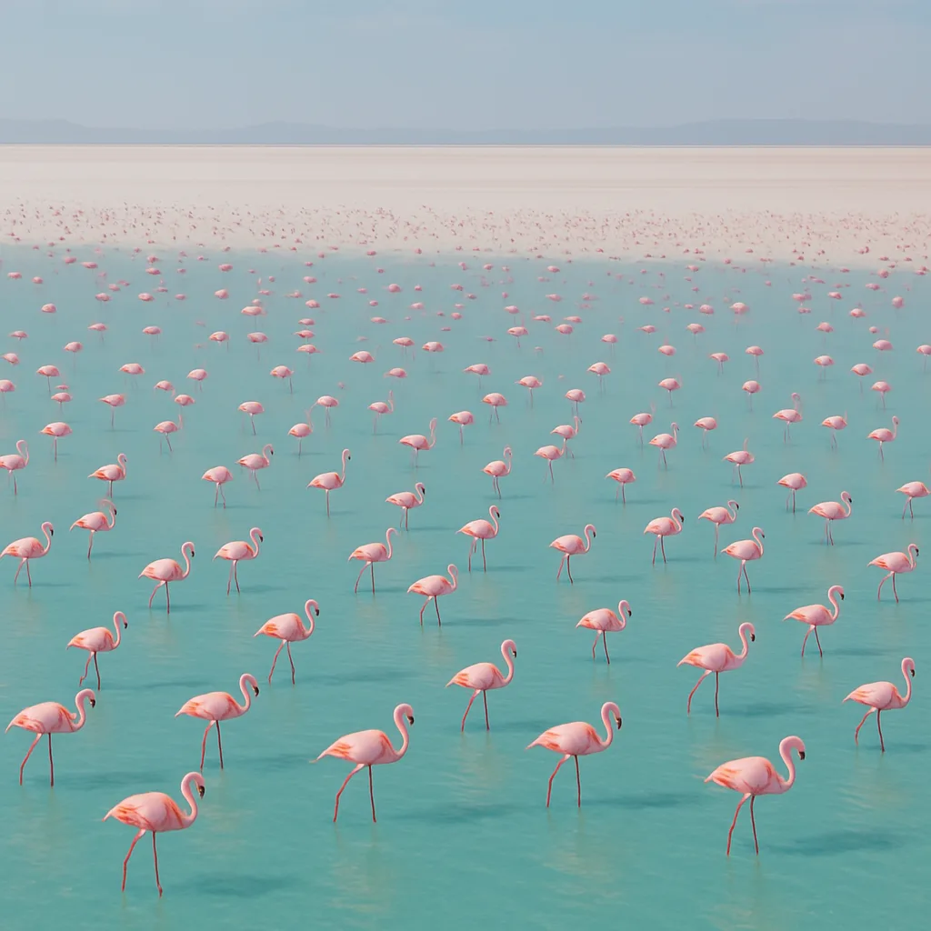 Multitude of Distant Pink Flamingos Stands in Shallow