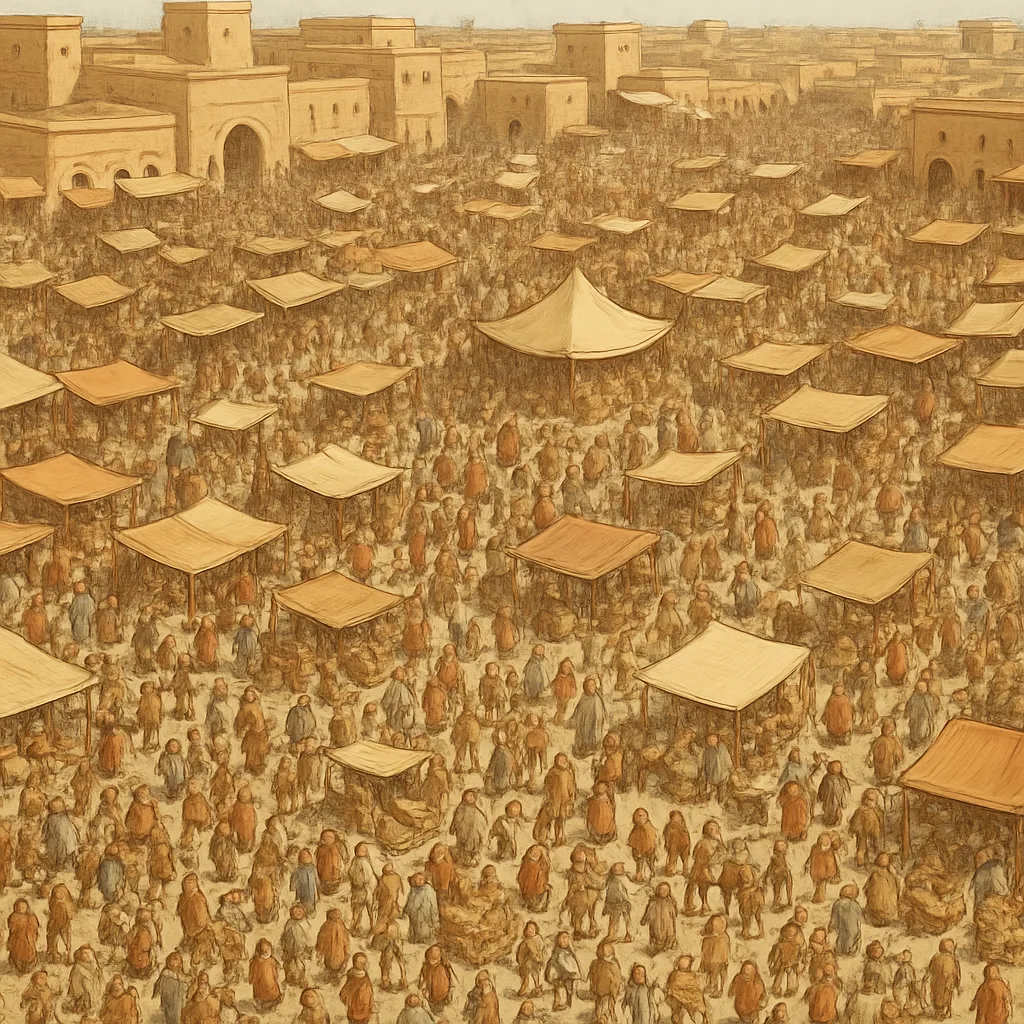 Innumerable Tiny Figures Throng a Sprawling Ancient Marketplace