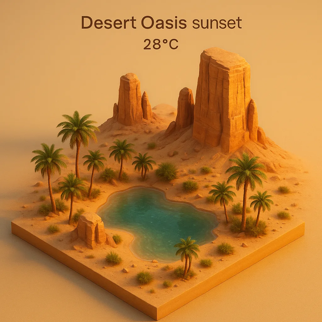 Detailed 3D Isometric Depiction of a Miniature Desert Oasis