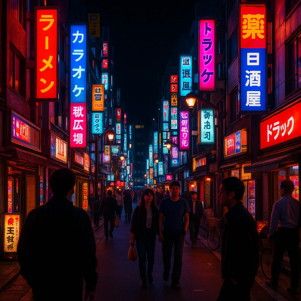 Vibrant Midnight Scene in Tokyo Filled with Glowing Neon Lights